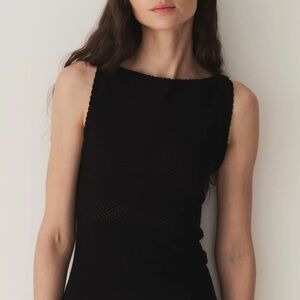 Doen Nerida Pointelle Knit Bateau Boatneck Sleeveless Sweater Top Tank Black
